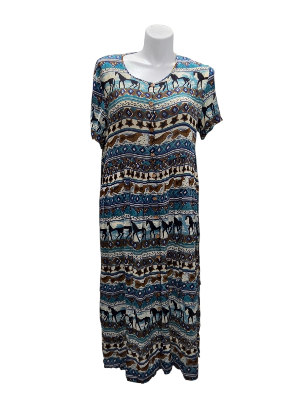 Vintage Mix Nouveau Button-Up Abstract Horses Art Teal Blue Brown Dress